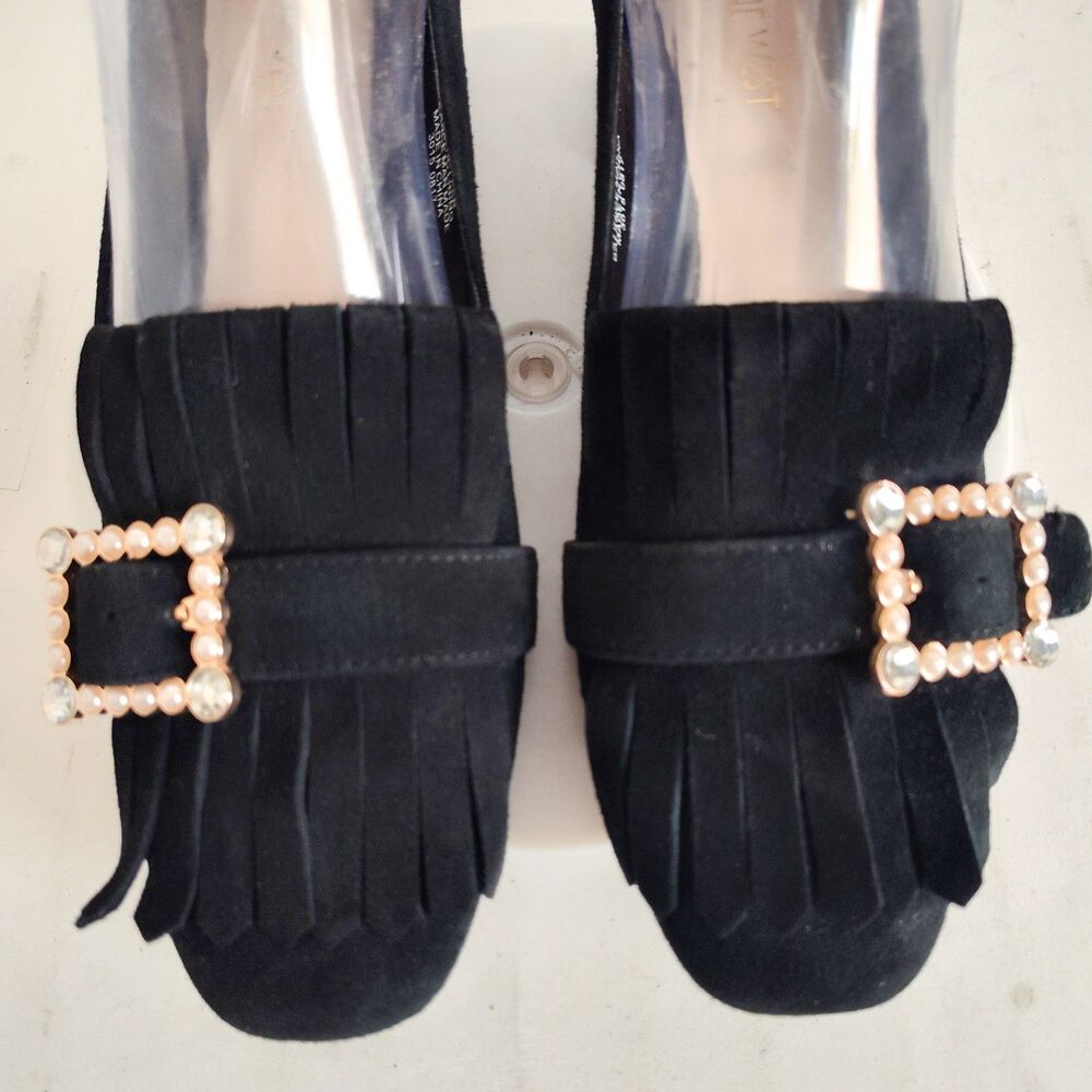 Nine West Pumps Size 8 Black Suede Leather Low Block Heels Office Kilty Pilgram - Picture 6 of 12
